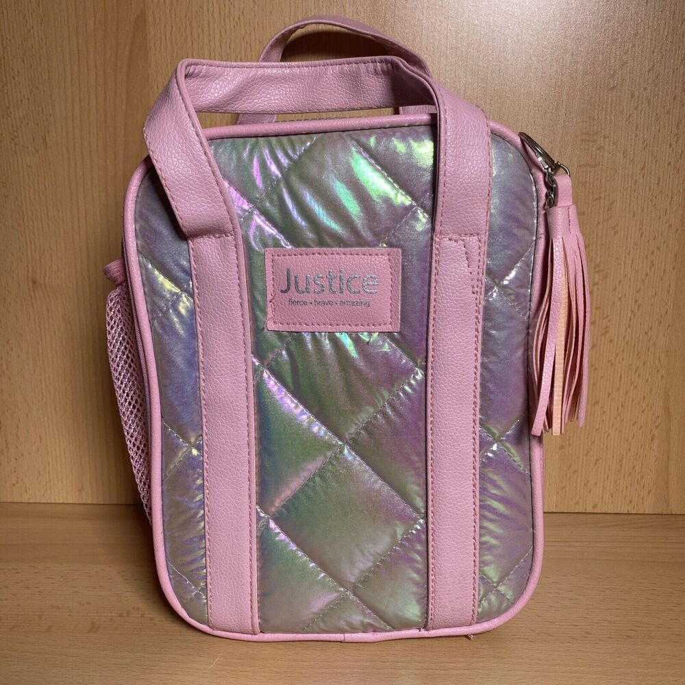Justice Lunch Bag Pink and Grey Quilted with Keyring Tassel